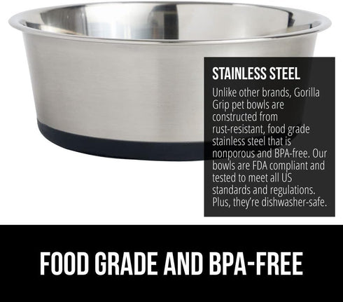 Gorilla Grip Stainless Steel Metal Dog Bowl Set of 2 - Rubber Base, Heavy Duty Feeding Dishes, Holds 6 Cups (Black)