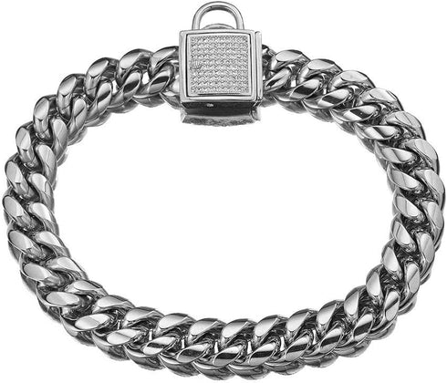 Pet Dog Collar, Top Stainless Steel Dog Chain Training Collar, 14mm Silver Tone Cuban Curb Chain with White Zirconia