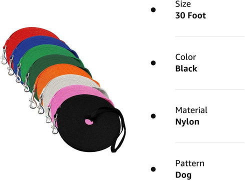Downtown Pet Supply Long Dog Leash, 30 ft, Nylon, Black, for Training & Obedience