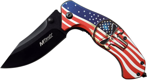 MTech USA MT-A1025A Spring Assist Folding Knife, Black Straight Edge Blade, American Flag Handle