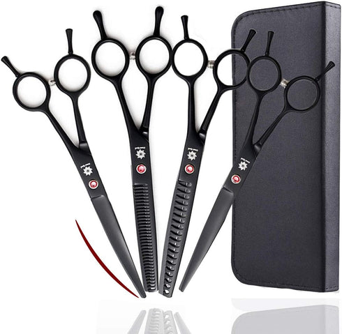7.0 Inches Professional Pet Cat Dog Grooming Shears Scissors Kit - Straight, Curved, Thinning/Blending/Chunking