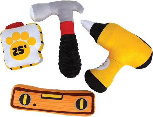 PUREPET Pack 4 Set Hammer Set Dog Toy Tools in One Crinkle Squeak Fetch and Fix Fun Measuring Tape Drill and Level (One