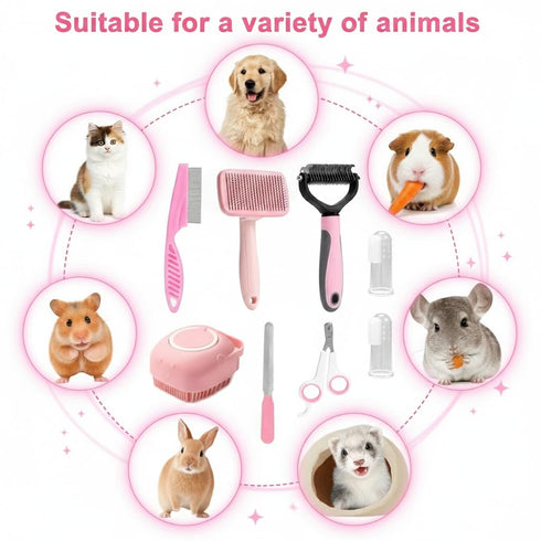 8-Piece Set Haminway Dog Grooming Kit Pink | Pet Brush for Shedding, Dematting, Nail Clipping & Bathing | Ideal