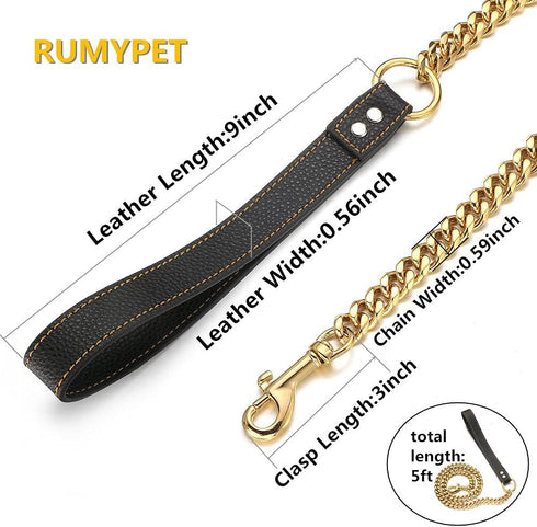 18K Gold Dog Chain Leash - 15MM Solid Chew Proof 316L Stainless Steel Cuban Link Chain with Smooth Leather Handle,