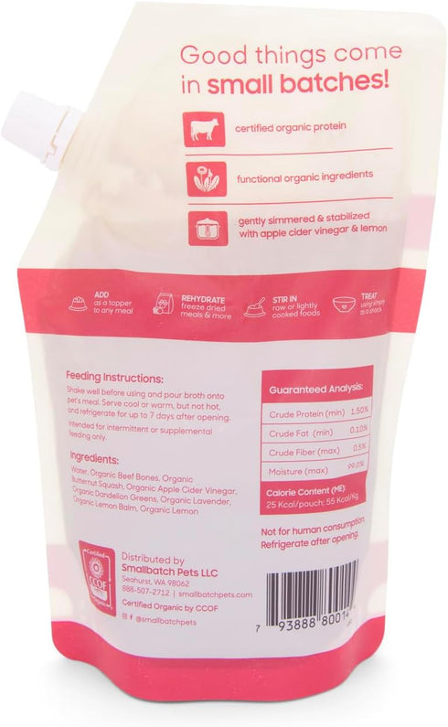 smallbatch Pets Shelf Stable Bone Broth, Organic Beef Recipe with Prebiotics, Topper for Dogs - 16 Ounce