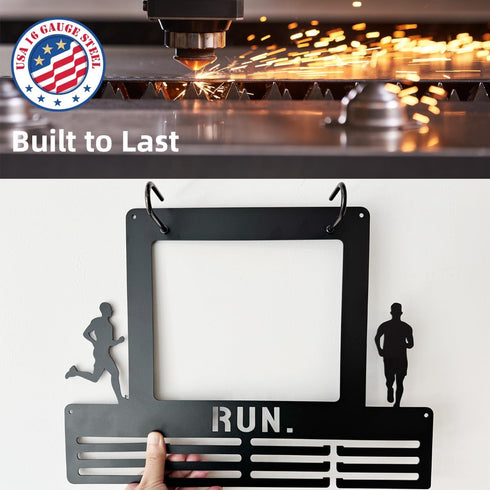 16" Race Bib and Medal Display for Runners, Metal Marathon Medal Hanger Display with Bib Holder, Running Medal Hanger