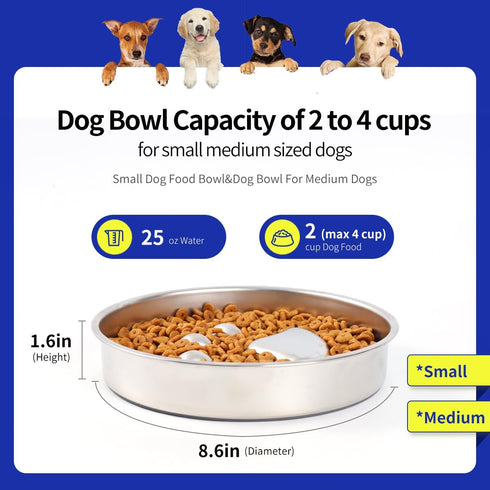 Slow Feeder Dog Bowls, 304 Stainless Steel Anti Flip Dog Bowl, 2X Non-Slip, 2-4 Cups for Small & Medium Breeds