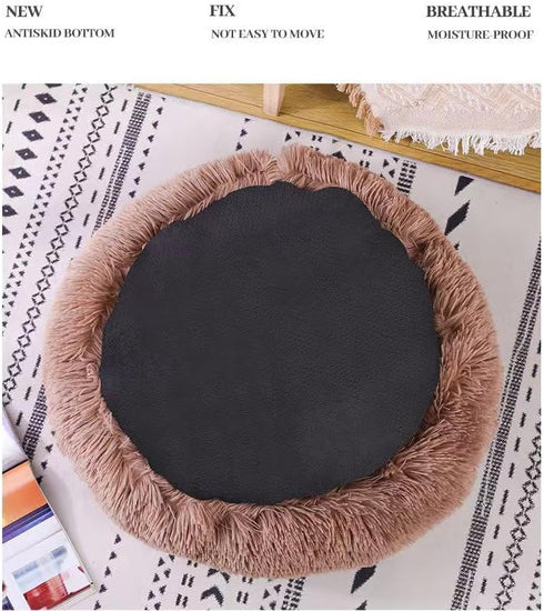 Cat Bed Round Fluffy Hooded Cave - Anti-Anxiety Cozy Cuddler Luxury Pet Bed with Hooded Blanket, Machine Washable Brown