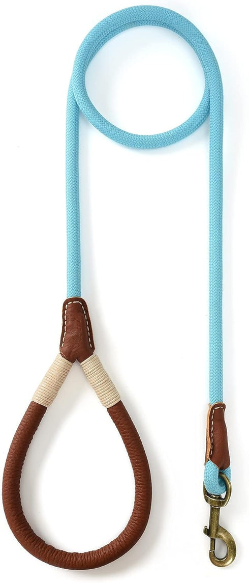 Mile High Life Dog Leash | Strong Rope Dog Leash w Premium Leather Tailor Handle | 5 Feet Dog Leash w Heavy Duty Clasp | Blue Rope Leash for Small Medium Large Dogs | Diameter 1/2"
