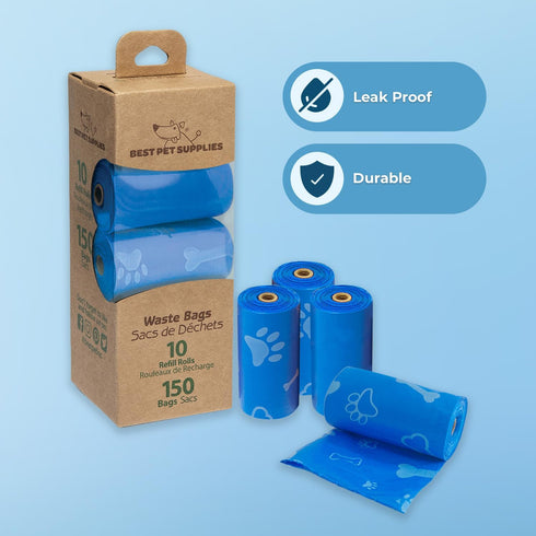 Best Pet Supplies Dog Poop Bags (150 Bags) for Waste Cleanup, Leak Proof, Tear Resistant, Blue