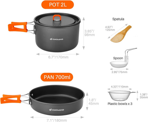 Odoland 9pcs Camping Cookware Non-Stick Lightweight Pots and Pans Set for Outdoor Cooking
