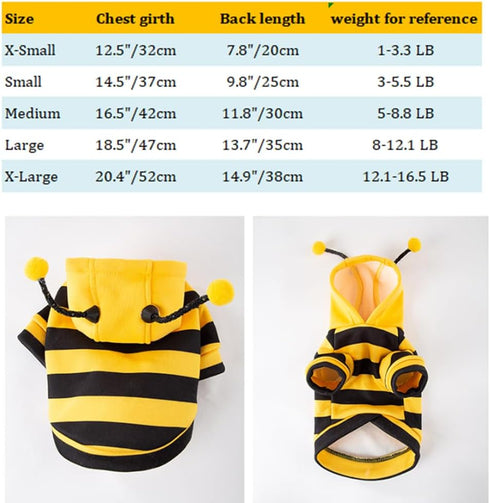Halloween Dog Bee Costumes, Yellow Bumblebee Hoodies for Small Dogs, Winter Cat Clothes, Chihuahua, D-Ring, Small
