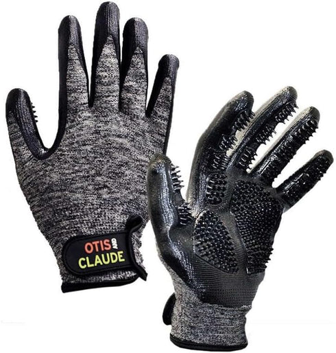 Otis and Claude Pet Grooming Gloves - Adjustable Strap, Gentle Hair Remover, Bathing, Massage Brush for Cats and Dogs