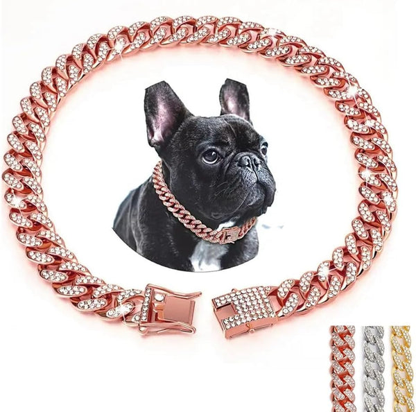 Rose Gold Chain Dog Collars for Medium Dogs, Glitter Rhinestone Sparkly Diamond Metal Bling Necklace for Small Medium