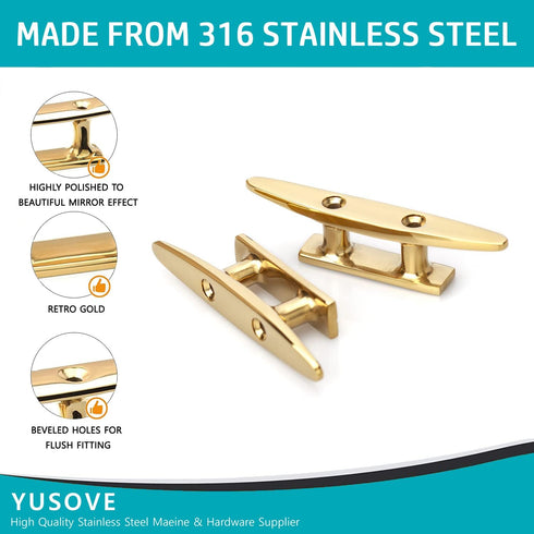 YUSOVE 4 Inch Brass Color Boat Cleats, Gold 316 Stainless Steel Open Base Cleat for Marine Applications, Pack of 2