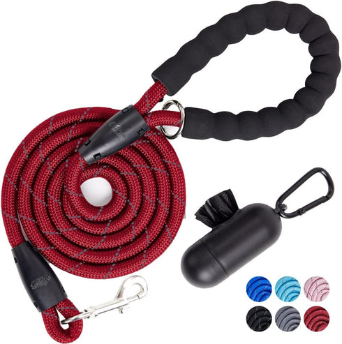 Gorilla Grip Heavy Duty Dog Leash | Soft Handle Reflective Rope for Night Walking, Durable Puppy Training (Red)