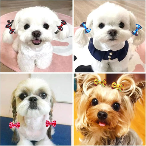 100pcs Handmade Yorkie Dog Hair Grooming Bows, 1.37x0.98 inch, Mix Puppy Dog Bowknot for Small Dogs Cats