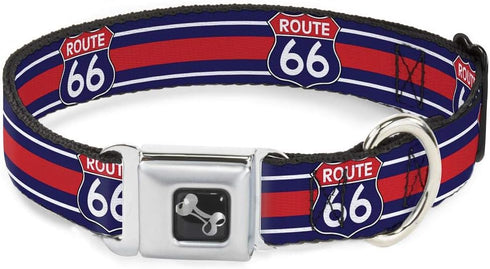 Dog Collar with Seatbelt Buckle, Route 66 Highway Sign Stripe, Blue White Red, 18 to 32 Inches, 1.5 Inch Wide