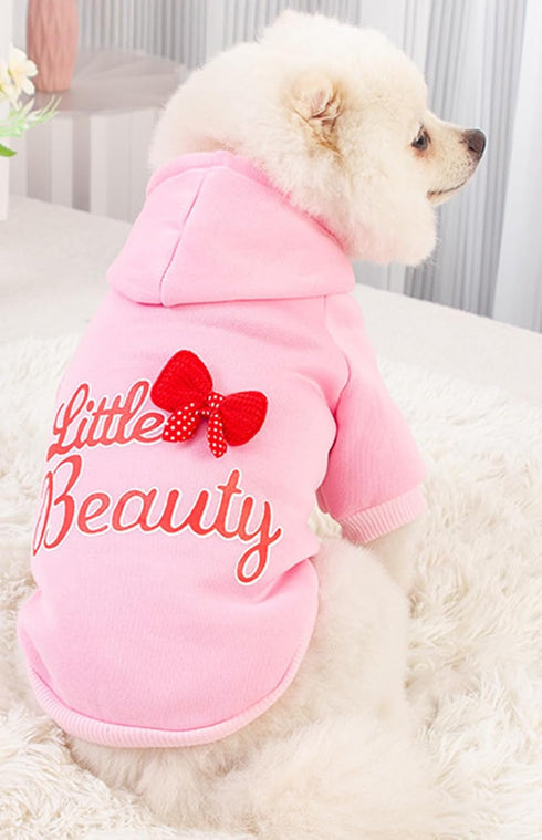Female Dog Hoodie Sweatshirt with Hat - Cotton Coat, Bowtie, Leash Hole, Chihuahua Clothing for Small Girl Pup