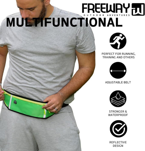 FREEWAY Multifunction Running Bag - Sports Belt with Water Bottle Holder & Zipper - for Men & Women (GREEN)