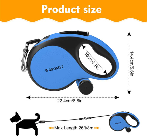 26Ft Heavy Duty Retractable Dog Leash with Chew Proof Cable for Small Medium Large Dogs up to 110lbs (Blue)