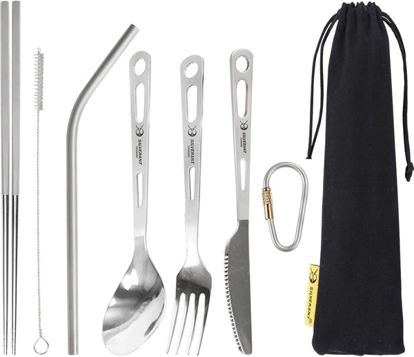 Titanium Camping Flatware Set, Portable Spork Spoon Knife Straw Cutlery for Outdoor & Hiking with Bag