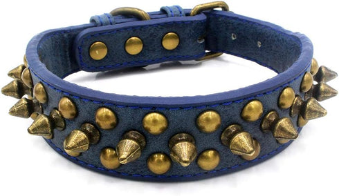 Spiked Dog Collar, Adjustable Pu Leather Pet Collars with Mushroom Rivet Studs for Cats and Dogs (L, Navy)