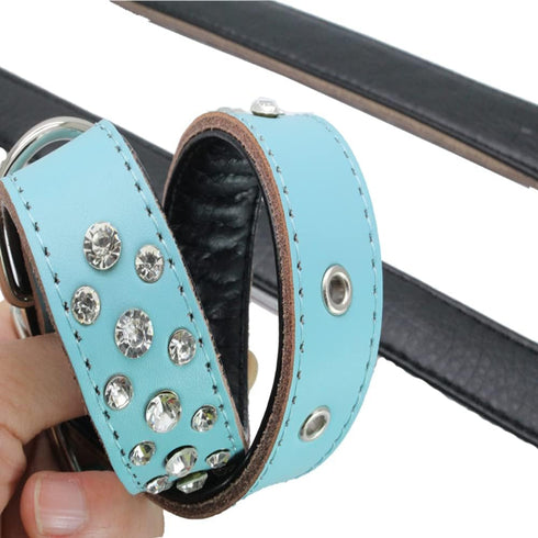 Adjustable Rhinestone Dog Collar - Sparkly Crystal Soft Genuine Leather Bling Collars for Small Medium Large Dogs