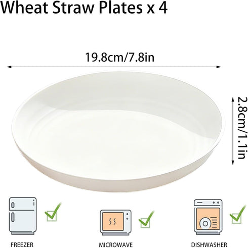 XILEDUO 4 Set, 7.8 Inch Pcs Unbreakable Wheat Straw Plates Reusable Plastic Dinner Plates, Microwave Dishwasher Safe