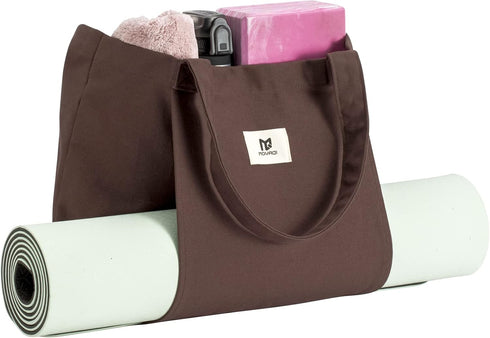 Moyaqi Canvas Tote Bag with Yoga Mat Carrier Pocket Carryall Shoulder Bag for Office, Workout, Pilates, Travel, Beach