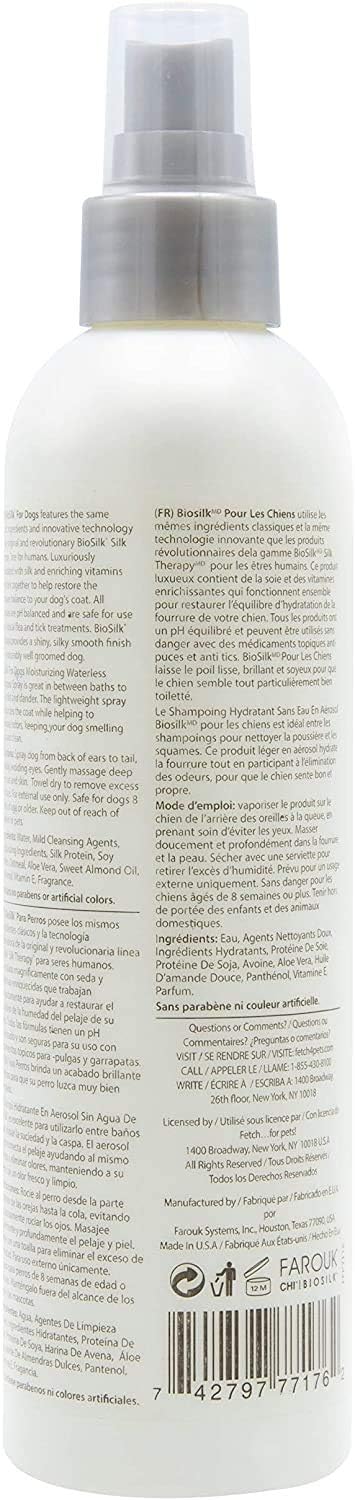 BioSilk for Dogs Waterless Shampoo Spray, 2 Pack, 8 Fl Ounces Each