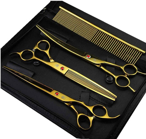 Purple Dragon 8.0" Titanium Multicolor Pet Grooming Scissors Set - Straight, Thinning, Curved with Bag