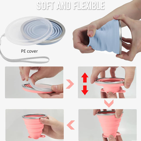 JBER Silicone Collapsible Travel Cup, 4 Pack Expandable Drinking Cup with Lids for Outdoor Hiking Travel (Olive & Pink