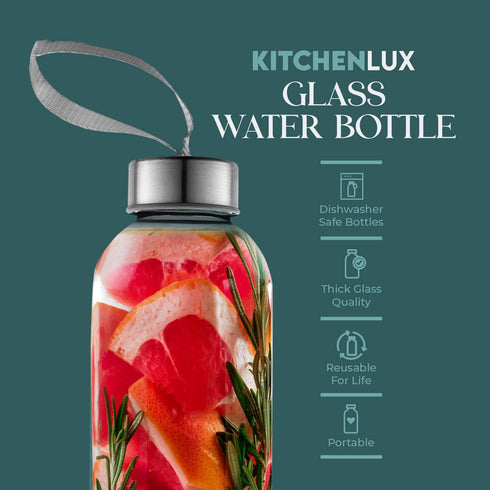24oz Pack 4 Kitchen Lux Glass Water Bottles of Nylon Protective Sleeves, Airtight Screw Top Lids, Portable Carrying