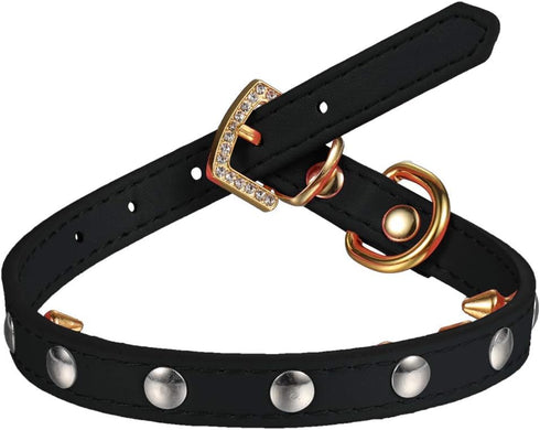 LOVPE One Row Golden Spiked Studded Leather Dog Collar with Rhinestone Buckle for Small Dog/Cat Puppy Kitty (Black, S)