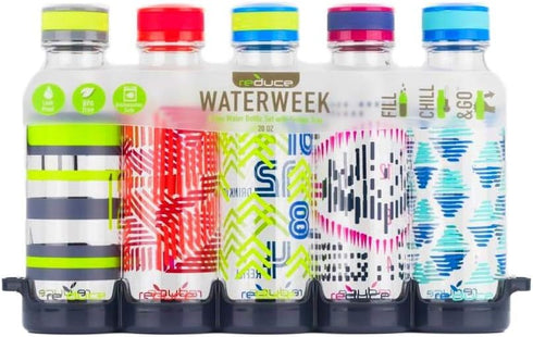 Reduce WaterWeek 20oz Reusable Water Bottle Set of 5 - BPA-Free, Leak Proof Cap, Plus Fridge Tray