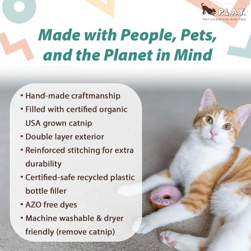 Set 3) P.L.A.Y. Cute Cat Toys - Feline Frenzy Dessert Food Themed Organic Catnip Filled Toy, Great for Adult Cats