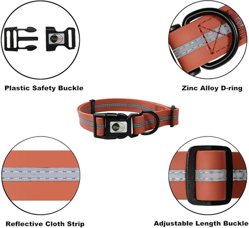 Dog Collar Waterproof, Adjustable Reflective Durable Flex Poly Coated Nylon Basic Collars 9 Colors in Size S/M/L