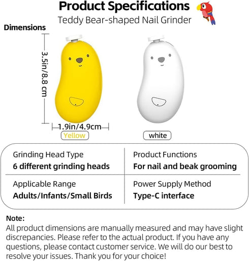 Finches MANON ROSA Bird Nail Grinder, Bird Beak Grinder- Safe and Quiet Bird Nail Care Tool, Complete Grooming Kit