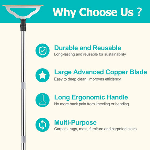 Carpet Rake for Pet Hair Removal, Reusable Long Handle Pet Hair Remover for Carpets, Rugs, and Furniture