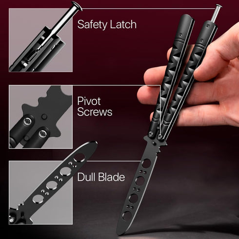 GOOD WORKER Practice Butterfly Knife, Black Butterfly Trainer, NOT Real NOT Sharp Blade for Training