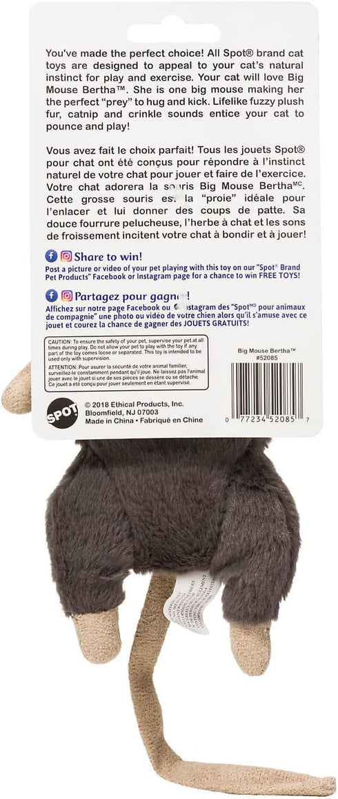 SPOT Big Mouse Bertha Cat Toy with Catnip, Lifelike Plush Mouse, Crinkle Sound, Large 7in Size for Cuddling & Playing