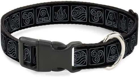 Dog Collar with Plastic Clip, Avatar The Last Airbender Bending Elements Icons, Black Gray 15-24 Inches