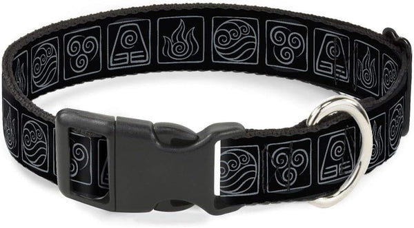 Dog Collar with Plastic Clip, Avatar The Last Airbender Bending Elements Icons, Black Gray 15-24 Inches