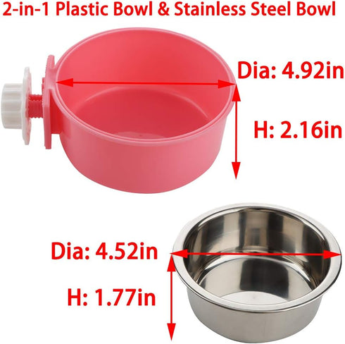 2 Pack Pet Food Water Bowl Combo - Plastic Basin and Stainless Steel Dish for Rabbit, Chinchilla, Hamster, Bird, and