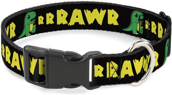 Buckle-Down Plastic Clip Collar, RRRAWR Dinosaur Black/Green/Yellow, 1" Wide, Fits 15-26" Neck, Large