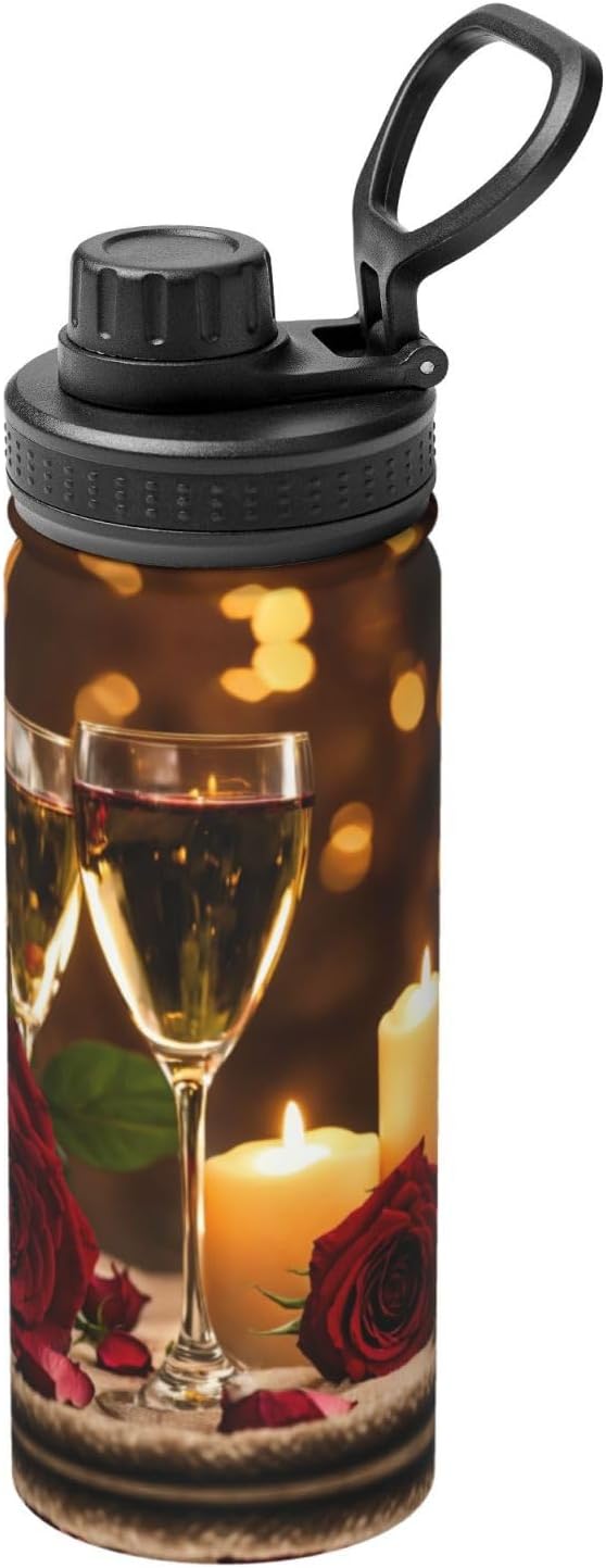 HDSKFNS Red Rose And Wine Romantic Lovers Print 18 Oz Insulated Water Bottle