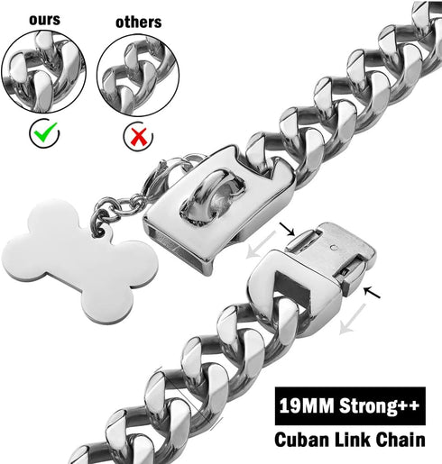 Secure Buckle Silver Metal Dog Chain Collar with ID Tag, Strong Stainless Steel Cuban Link Chew Proof for Large Dogs