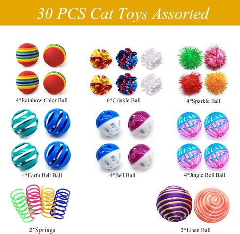 30 Pack LASOCUHOO Cat Toys Kitten Assortment - Rainbow, Crinkle, Sparkle, Bell & Sisal Balls for All Cats