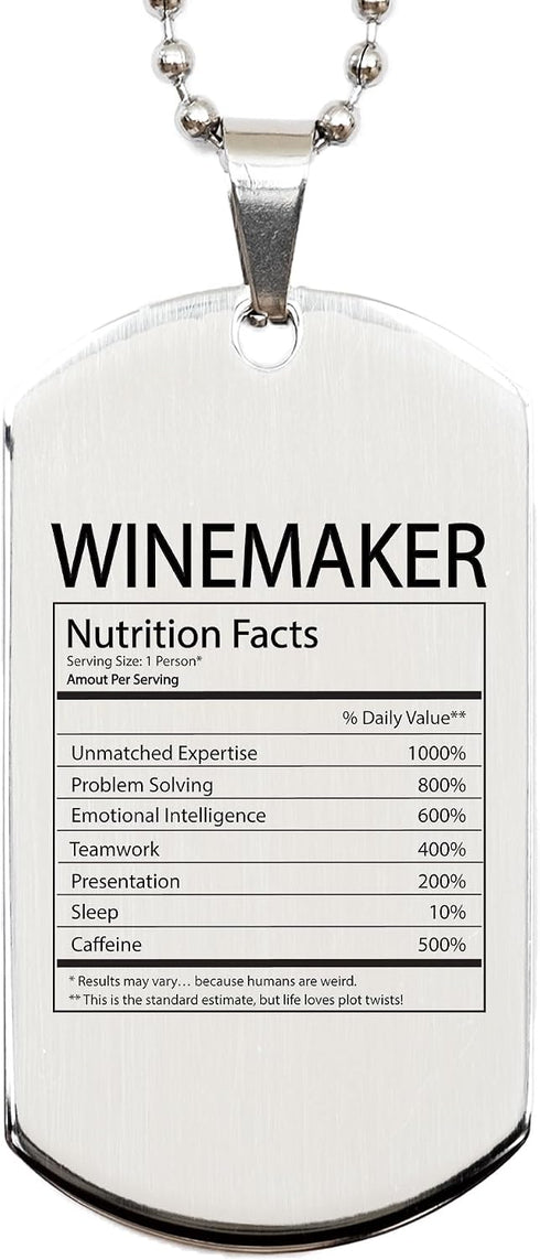 DesiDD Funny Winemaker Appreciation Gifts - Nutrition Facts Dog Tag Necklace for Vintner